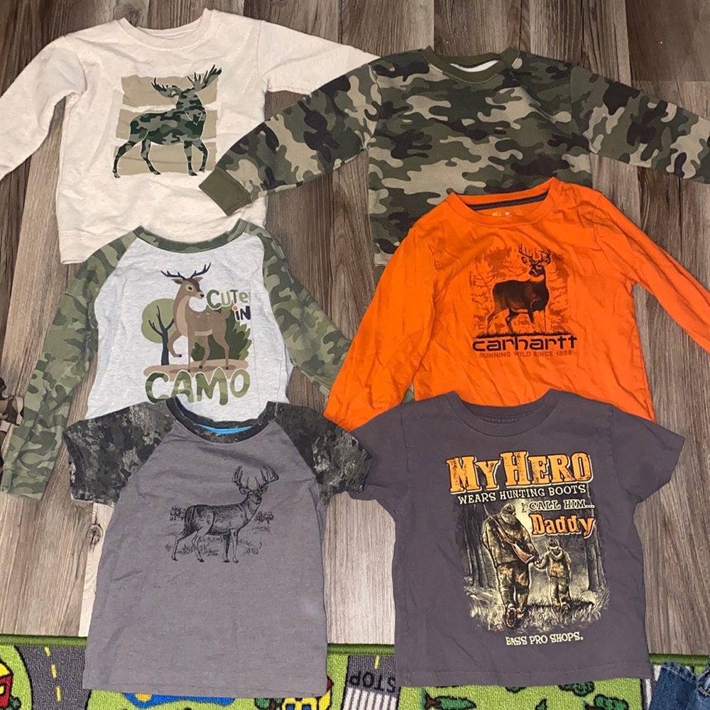 4T camo/hunting shirts. 2 sweat shirt, 2 long sleeve, 2 short sleeve
